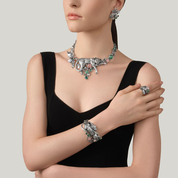 Giovanni Raspini jungle luipaard ketting Ketting in 925 zilver, natuurlijk kwarts, parelmoer en parels 12627