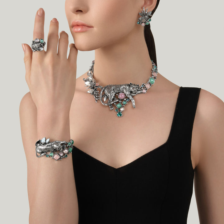 Giovanni Raspini jungle luipaard oorbellen Oorbellen in 925 zilver, parelmoer en kwarts 12628