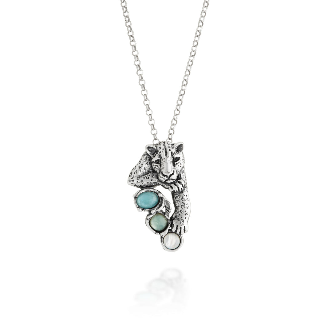 Pendentif Jaguar Bleu Giovanni Raspini - Collier en argent 925, nacre, cristal de roche et quartz - 12681
