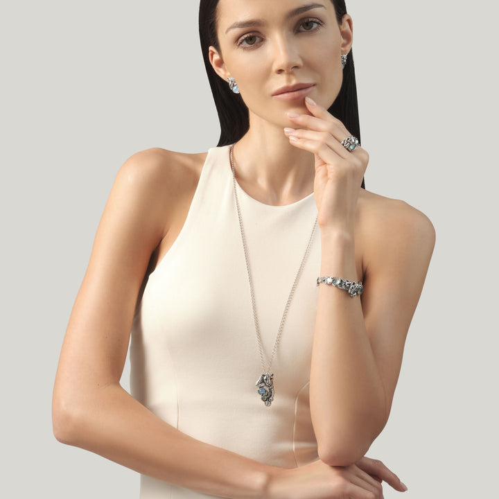 Pendentif Jaguar Bleu Giovanni Raspini - Collier en argent 925, nacre, cristal de roche et quartz - 12681