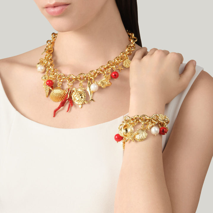 Giovanni Raspini mistral ketting 18kt vergulde ketting met natuurlijke parels en harskoraal N0073