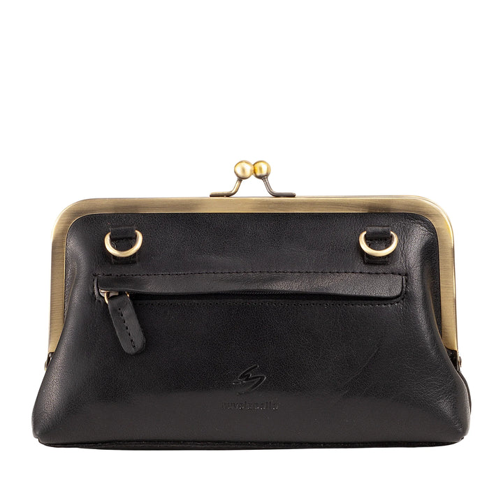Nuvola Pelle damestas van echt vintage buffelleer met kliksluiting en verstelbare afneembare schouderband - kleine elegante retro handtas