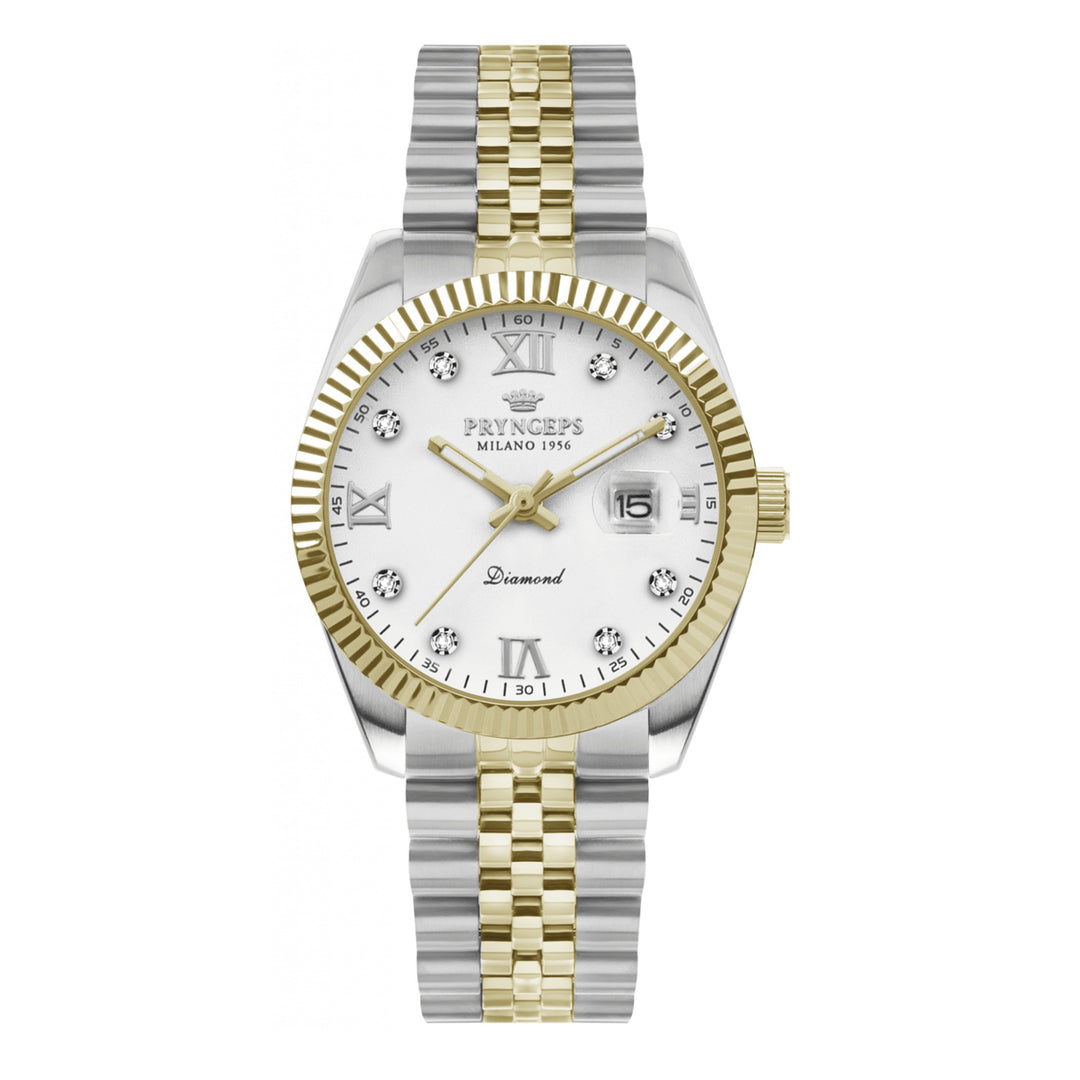 Pryngeps Erre X horloge 32 mm witte diamanten quartz staal PVD afwerking geel goud A822/2BQB BI