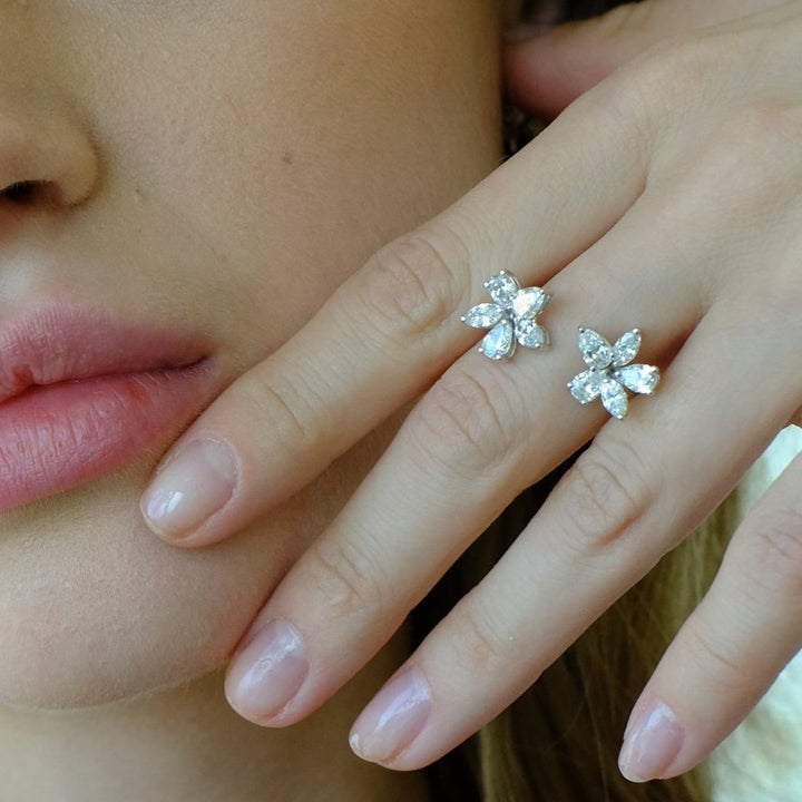 Bague double élément Zydo avec fleur et diamants taille fantaisie or blanc 54930
