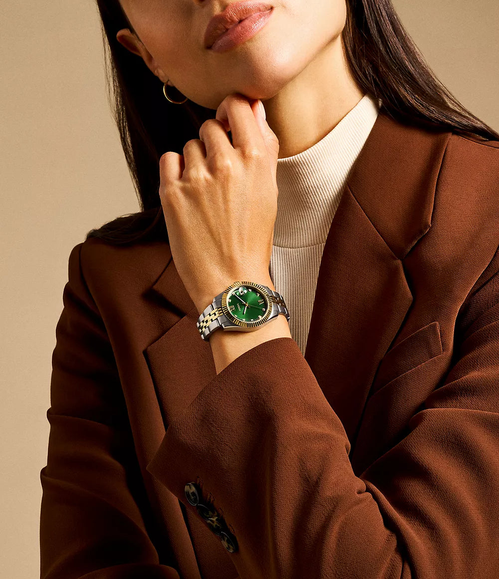 Fossil Scarlette watch 33mm green quartz steel PVD finish yellow gold ES5388
