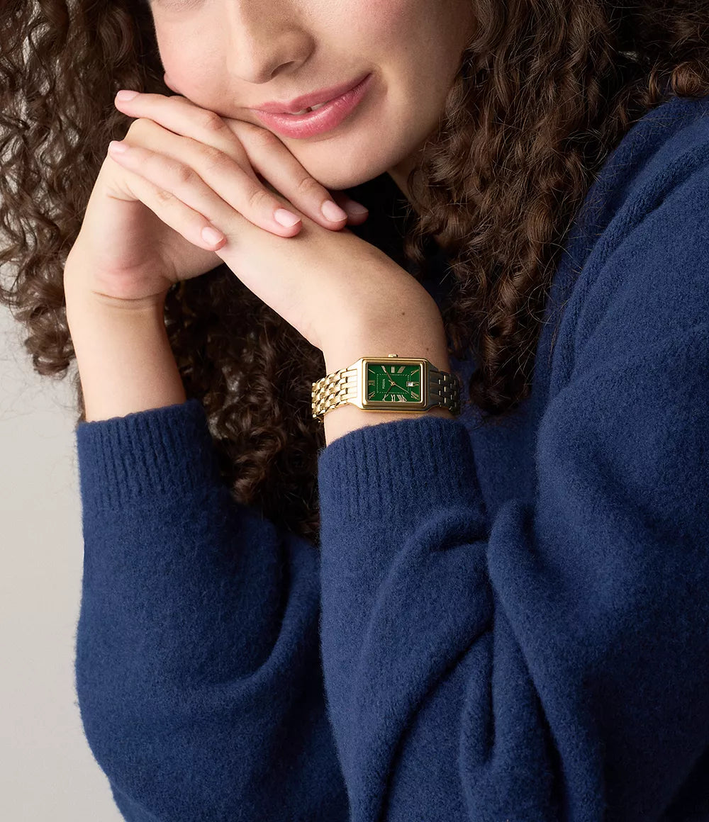 Fossil horloge Raquel 23mm groen quartz staal geel goud PVD afwerking ES5452
