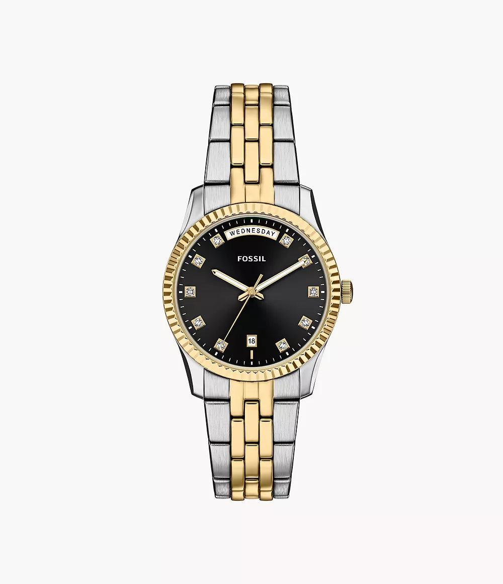 Montre Fossil Scarlette 34mm acier quartz noir PVD finition or jaune ES5458
