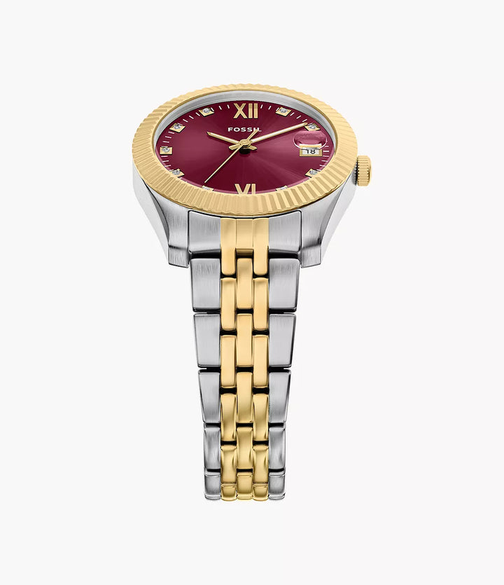 Fossil horloge Scarlette 33mm bordeaux quartz staal PVD afwerking geelgoud ES5461