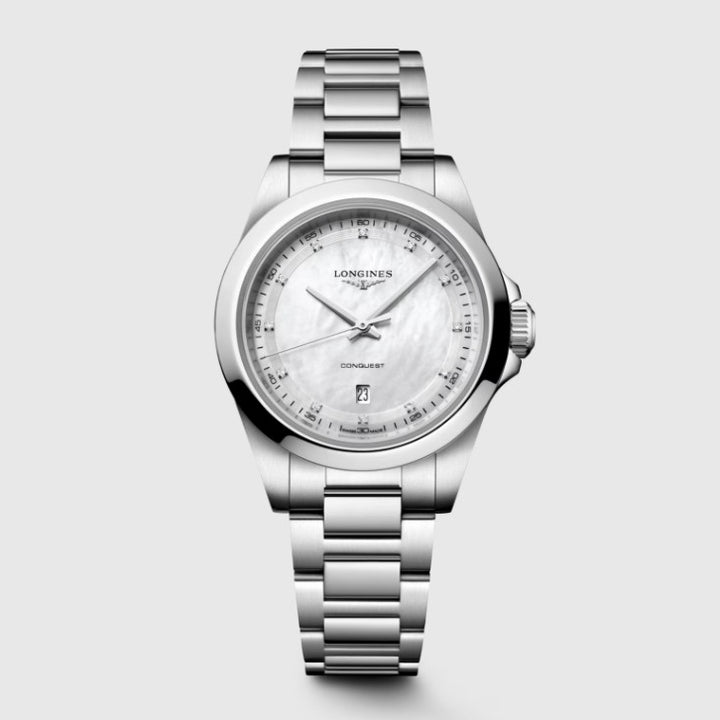 Longines Conquest watch 30mm mother of pearl diamonds quartz steel L3.350.4.87.6