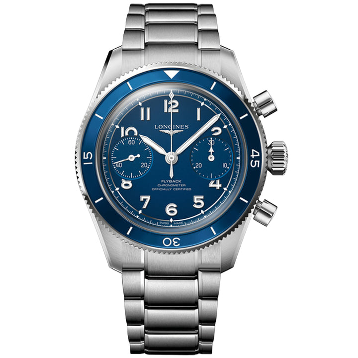 Longines horloge Spirit Pilot Flyback 39,5 mm blauw handmatig opwindbaar staal L3.721.4.93.6