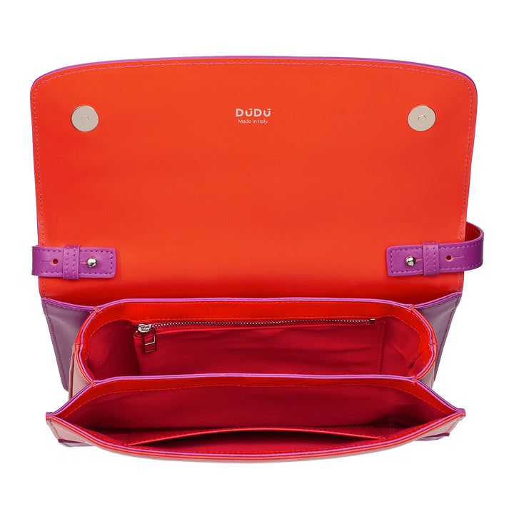 DUDU Damen-Umhängetasche aus Leder, hergestellt in Italien, großes, elegantes, starres Design mit Klappe, 3 Fächer