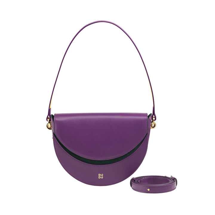 DUDU Sac Bandoulière pour Femme en Cuir Véritable, Croissant Rigide, Fabriqué en Italie, Sac à Main avec Rabat et Double Bandoulière, Fermeture Magnétique