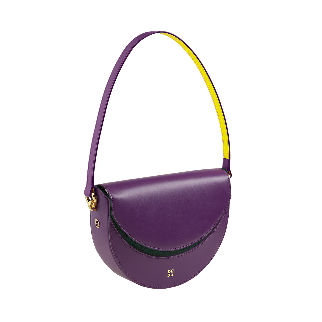 DUDU Sac Bandoulière pour Femme en Cuir Véritable, Croissant Rigide, Fabriqué en Italie, Sac à Main avec Rabat et Double Bandoulière, Fermeture Magnétique
