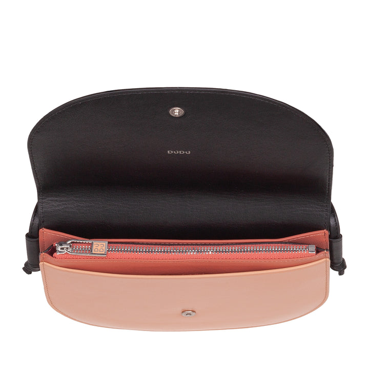 DUDU Kleine Damen-Umhängetasche aus Leder, schlanke Handtasche im kompakten Design mit Knopfverschluss, verstellbarer Schultergurt
