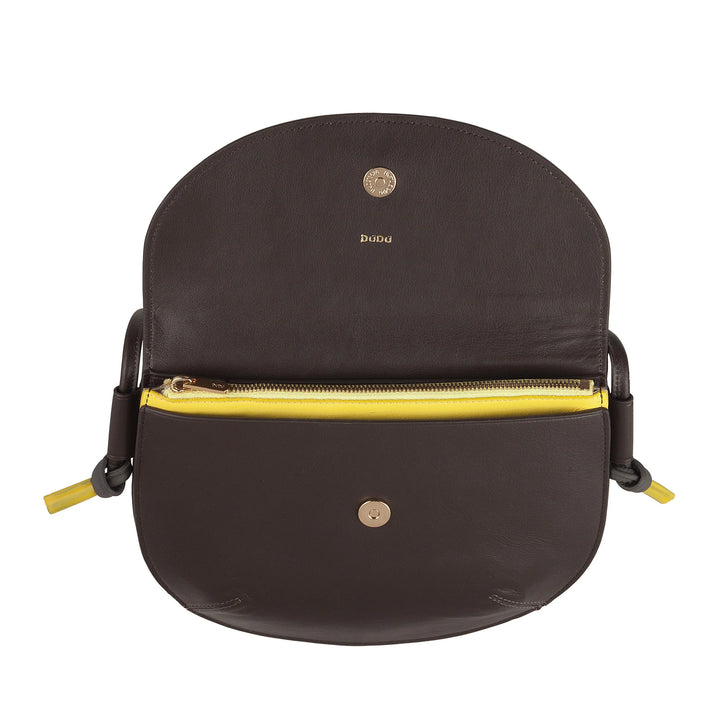 DUDU Damen Umhängetasche mit Klappe aus echtem Leder, kleine Umhängetasche mit magnetischer Knopfklappe, Handtasche