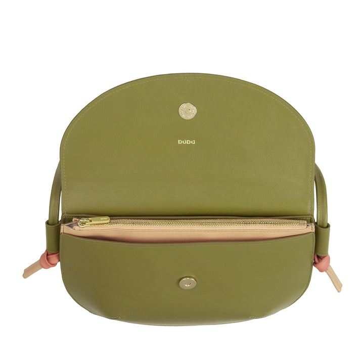 DUDU Damen Umhängetasche mit Klappe aus echtem Leder, kleine Umhängetasche mit magnetischer Knopfklappe, Handtasche