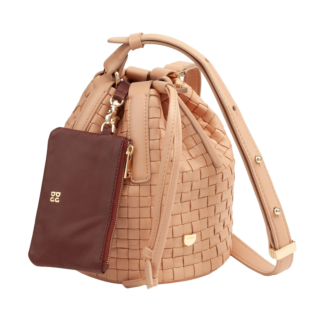DUDU Beuteltasche aus gewebtem Leder – kleine Damenhandtasche mit verstellbarem Schultergurt, Kordelzug und interner Clutch, elegant und handwerklich