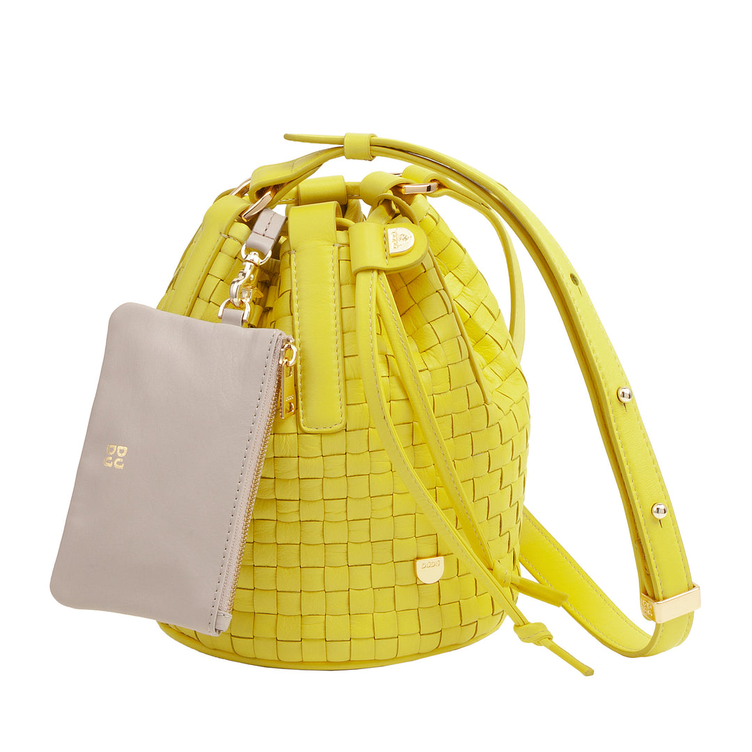 DUDU Beuteltasche aus gewebtem Leder – kleine Damenhandtasche mit verstellbarem Schultergurt, Kordelzug und interner Clutch, elegant und handwerklich