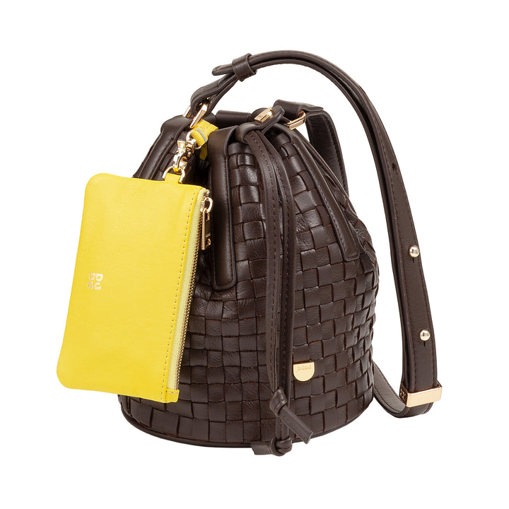 DUDU geweven leren emmertas - kleine dameshandtas met verstelbare schouderriem, trekkoord en interne clutch, elegant en vakmanschap