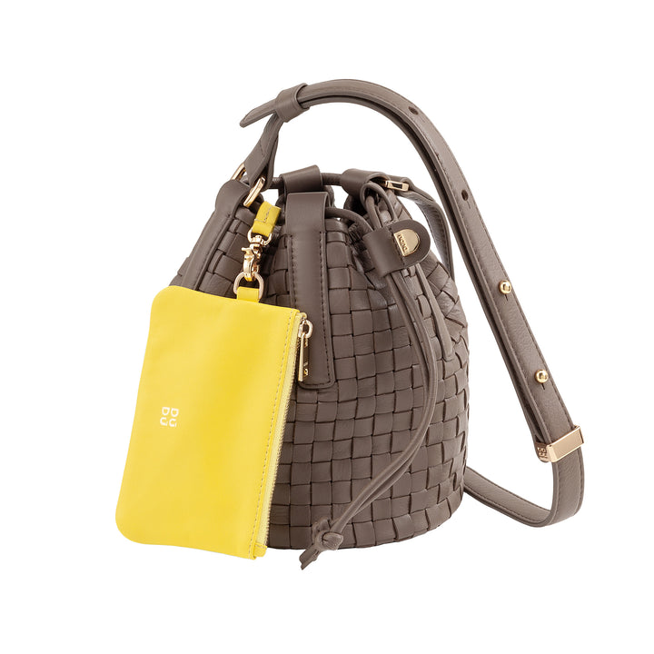 DUDU Beuteltasche aus gewebtem Leder – kleine Damenhandtasche mit verstellbarem Schultergurt, Kordelzug und interner Clutch, elegant und handwerklich