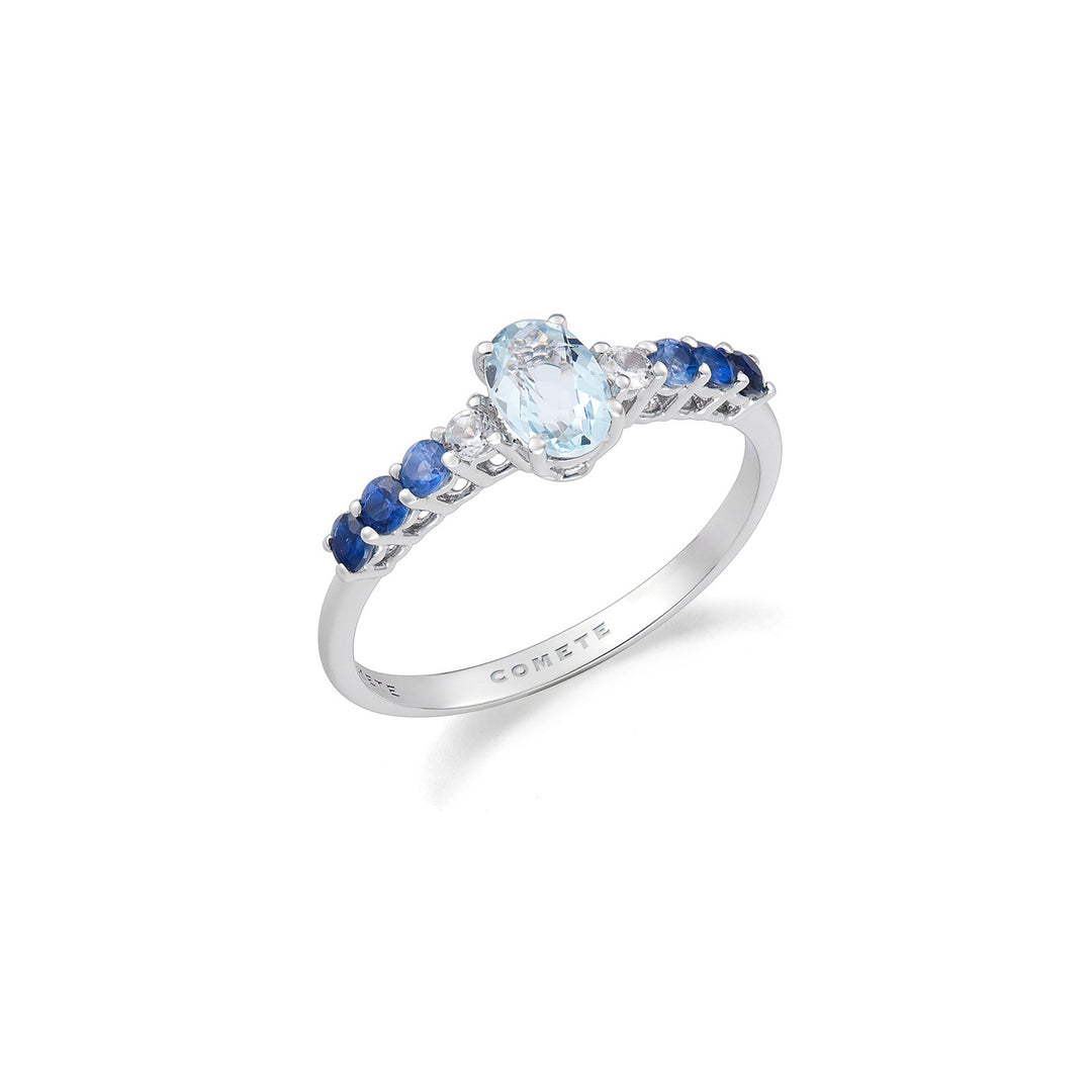 Kometen-Ring aus 750‰-Gold. Gradé-Saphire und ovaler Aquamarin ANQ345