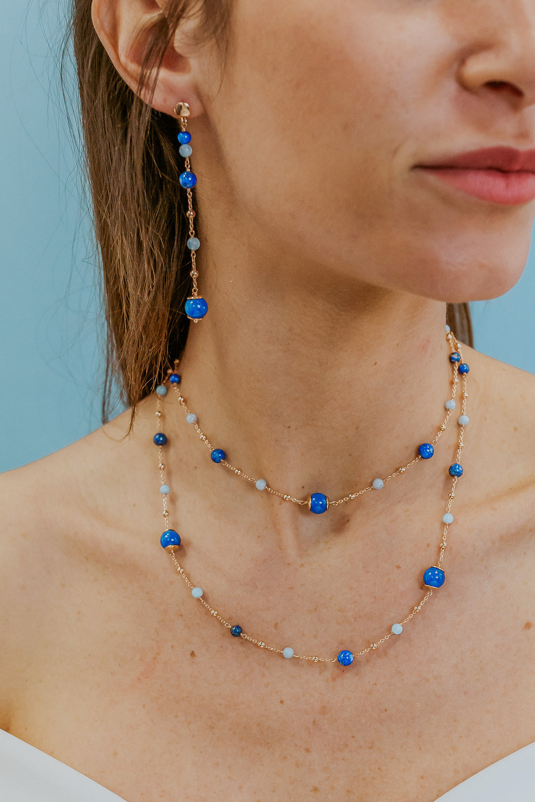 Comete-Halskette 925‰ Silber mit Aquamarin, Lapis, farbigem Quarz GLA268