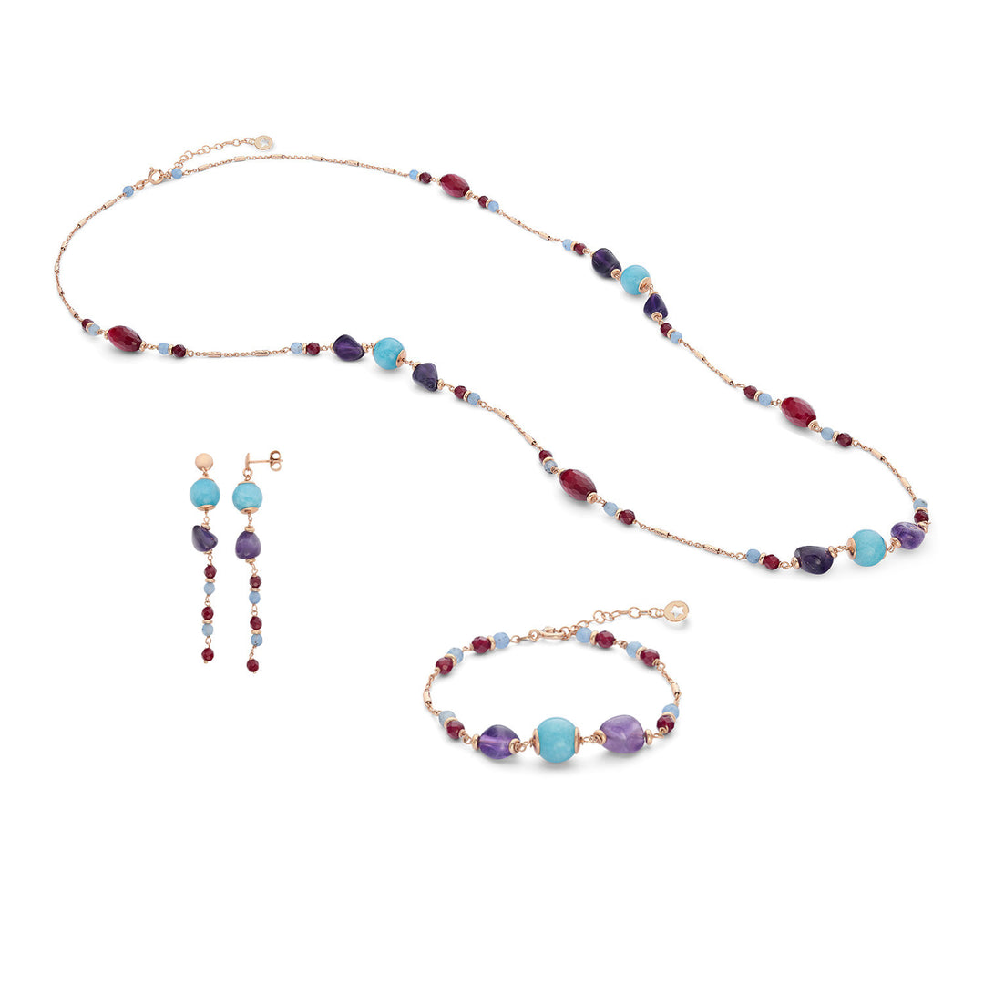 Comete Armband, ketting en oorbellen 925‰ Zilver met gekleurde Amethist, Jade en Agaat KIT274224274