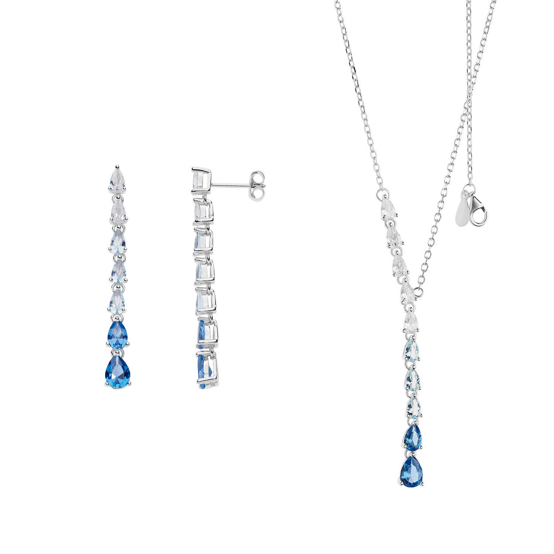 Comete Halskette und Ohrringe mit Tennistropfen degradè blau KIT 240189