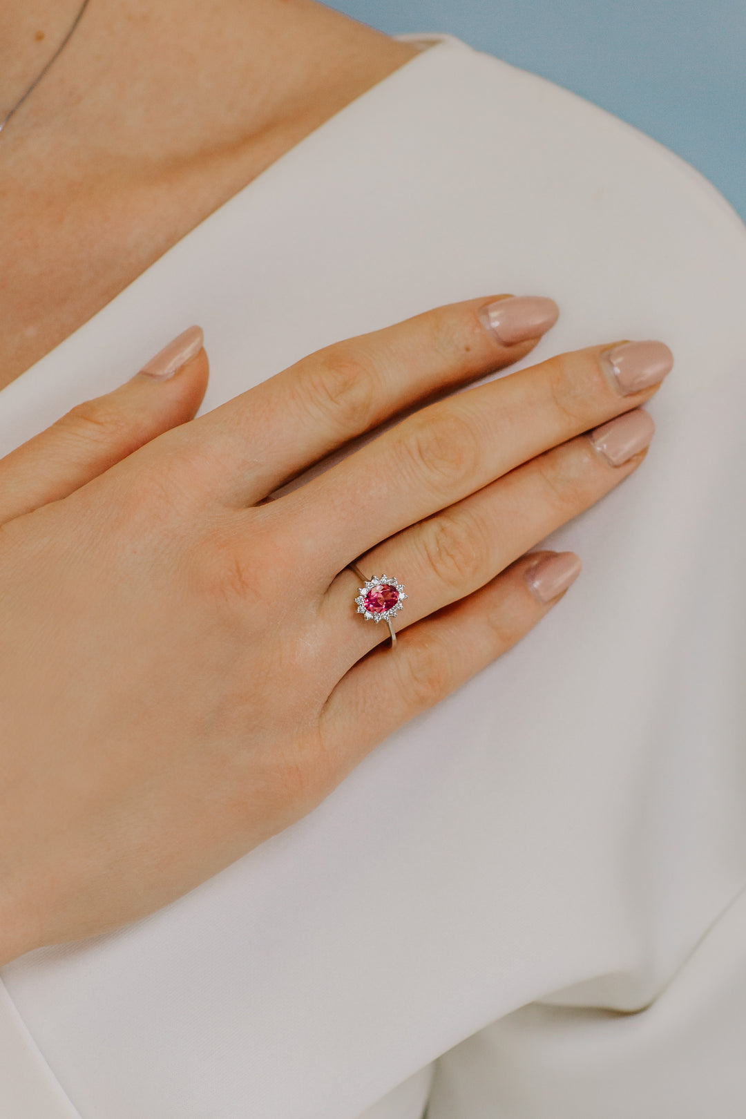 Comete-Goldring mit Diamanten und rosa Topas oval ANB2593