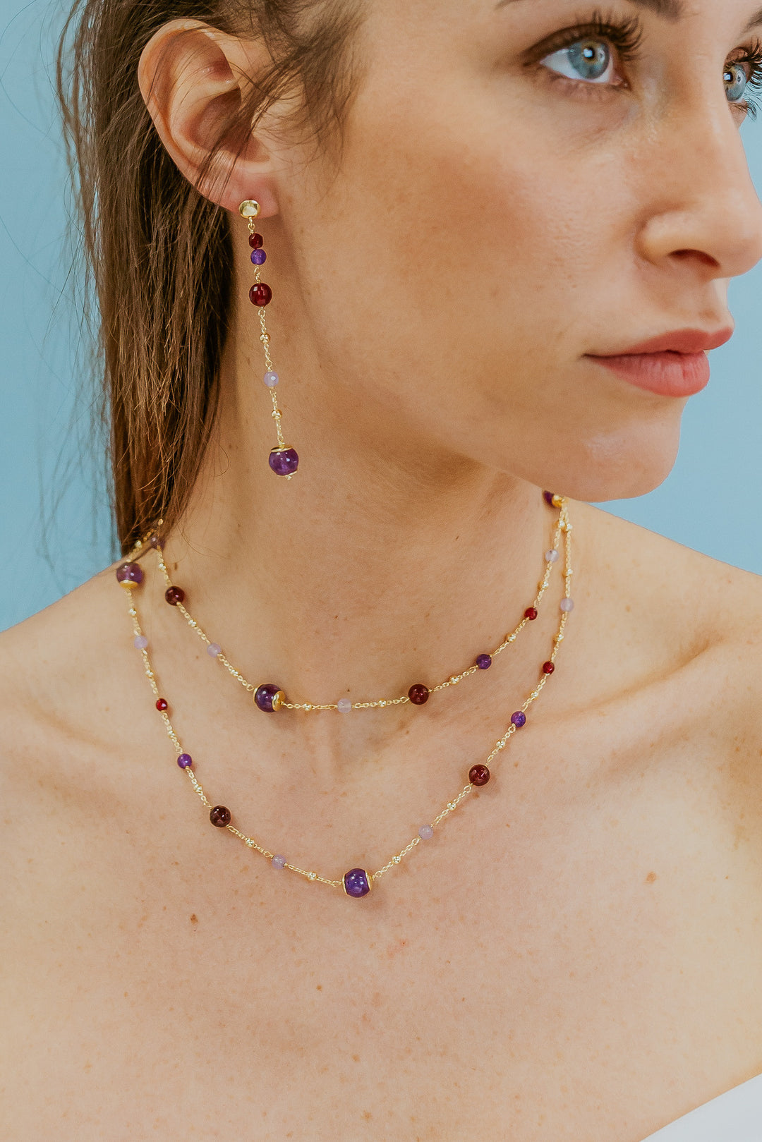 Comete 925‰ Silberhalskette mit farbigem Amethyst, Achat und Jade GLA269