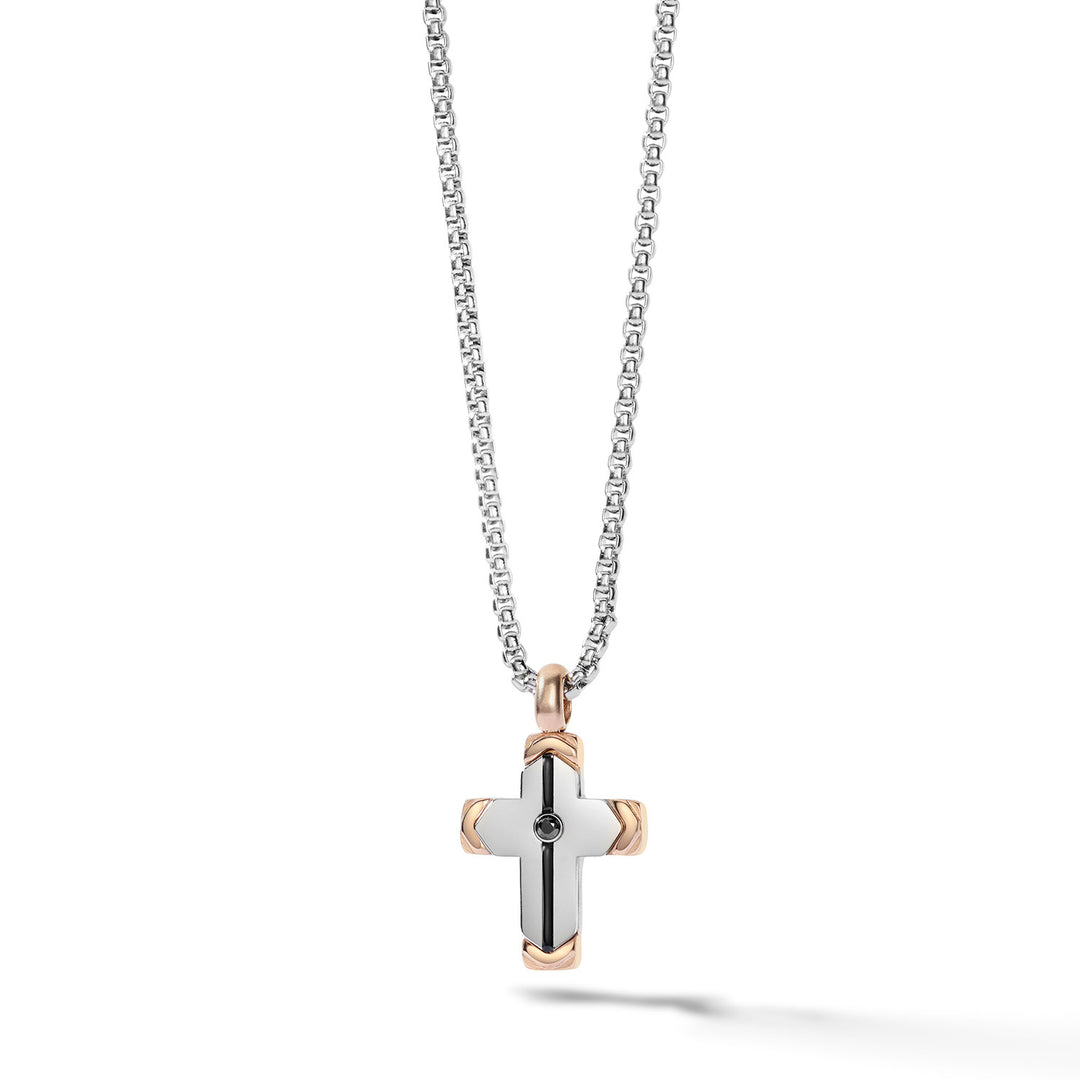 Collier Comete avec croix en acier, zircon, émail et PVD UGL771