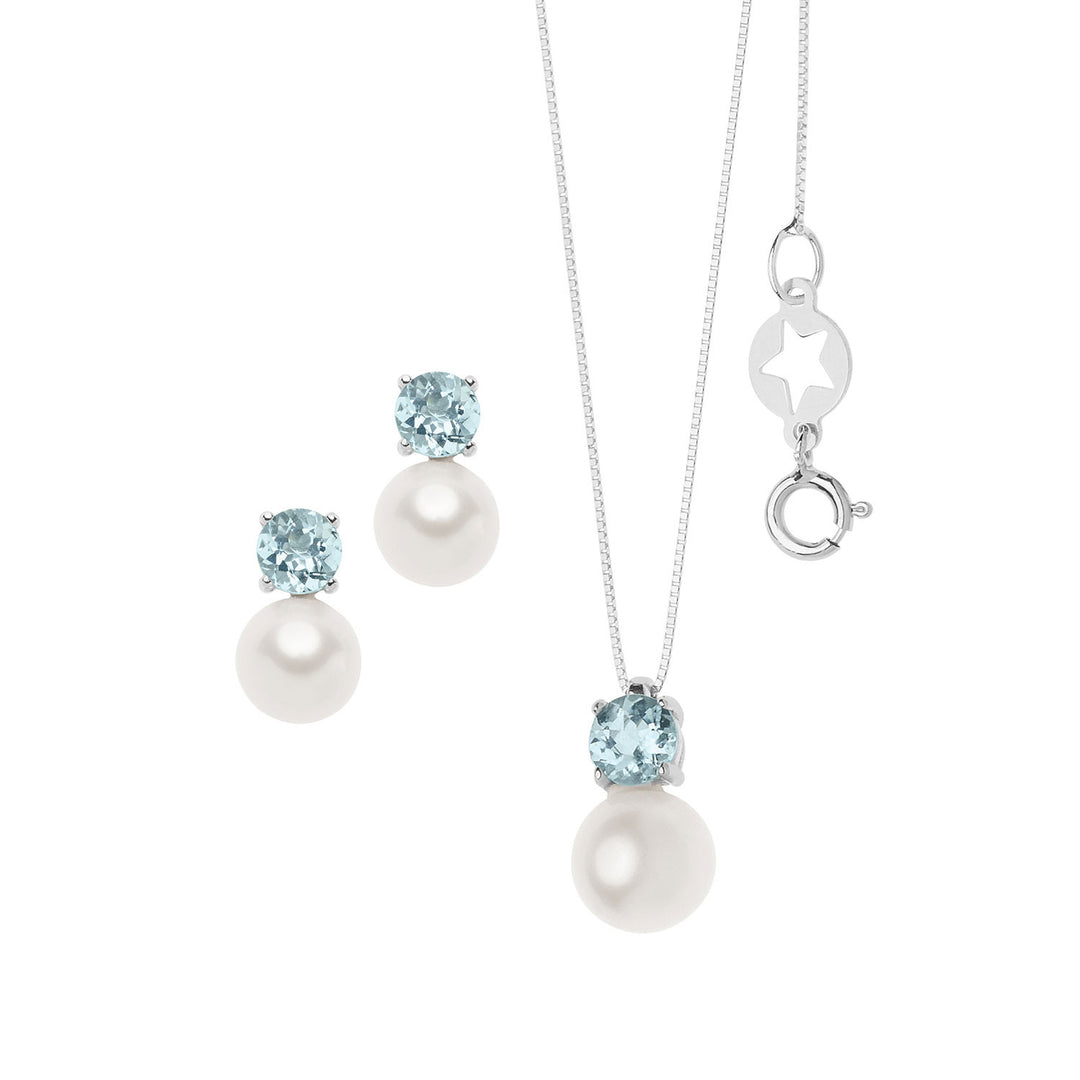 Comete-Halskette und Ohrringe aus rundem Aquamarin-Gold und Perlen KIT616748