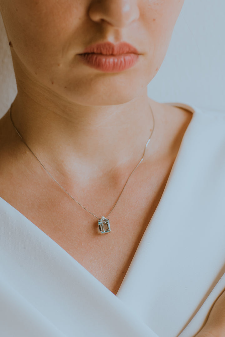 Kometenketting in goud, diamanten en achthoekige aquamarijn GLQ301