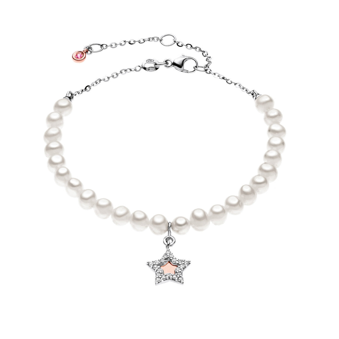 Comete-Perlenarmband aus Weißgold mit Stern, Diamanten und rosa Saphir BRQ137