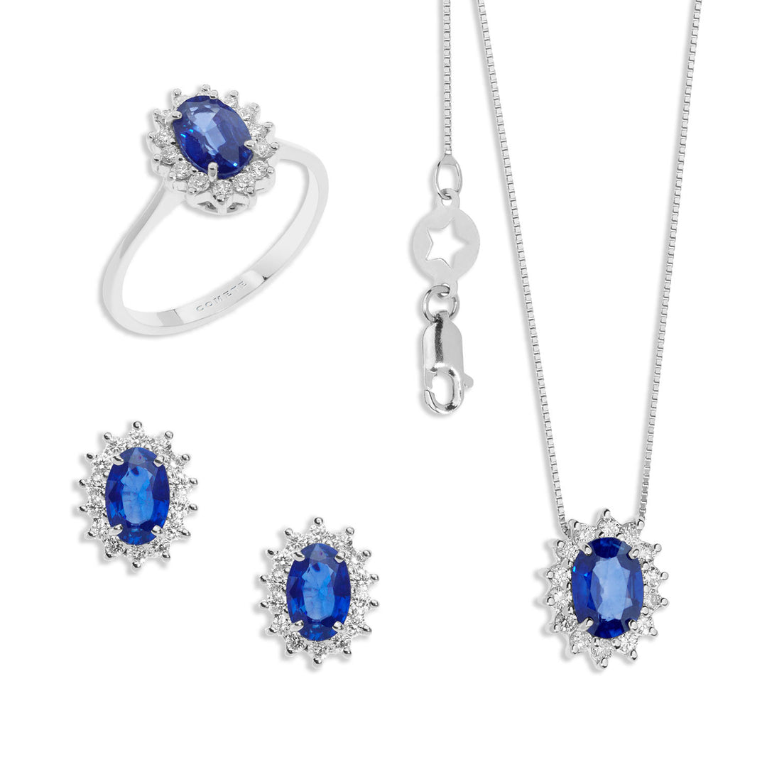 Comete-Halskette, Ring und Ohrringe aus Golddiamanten und ovalen blauen Saphiren KIT156425691022