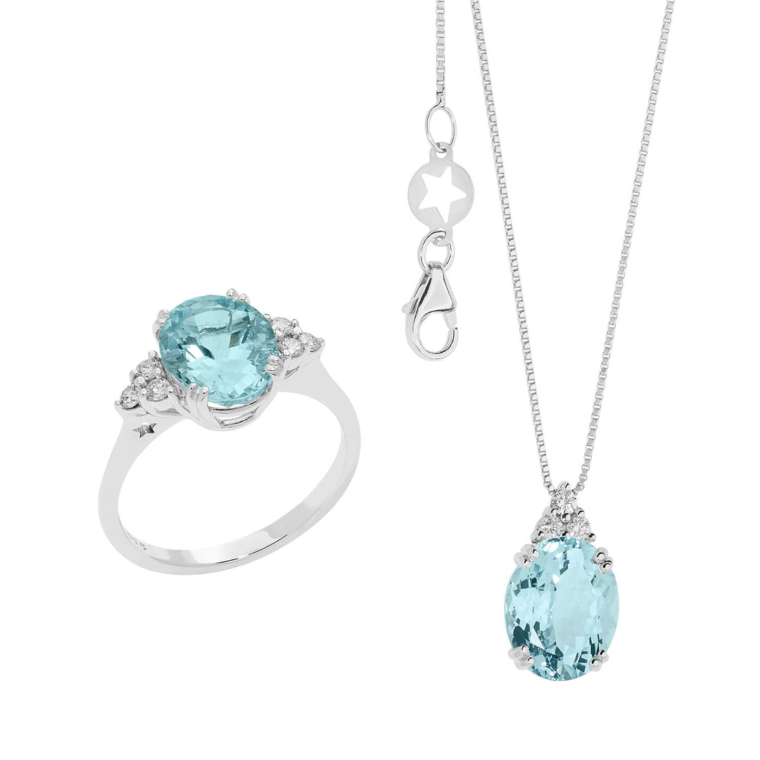 Comete ketting en ring in gouden diamanten en ovale aquamarijn KIT300336