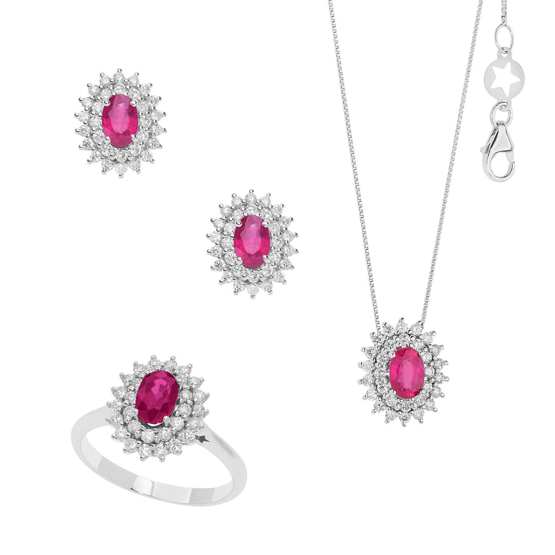 Comete ketting, ring en oorbellen Koningin in gouden diamanten en ovale robijnen KIT160226221057