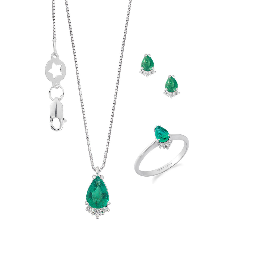 Comete Ring, Halskette und Ohrringe 750‰ Gold, Diamanten und Smaragdtropfen KIT169927421151