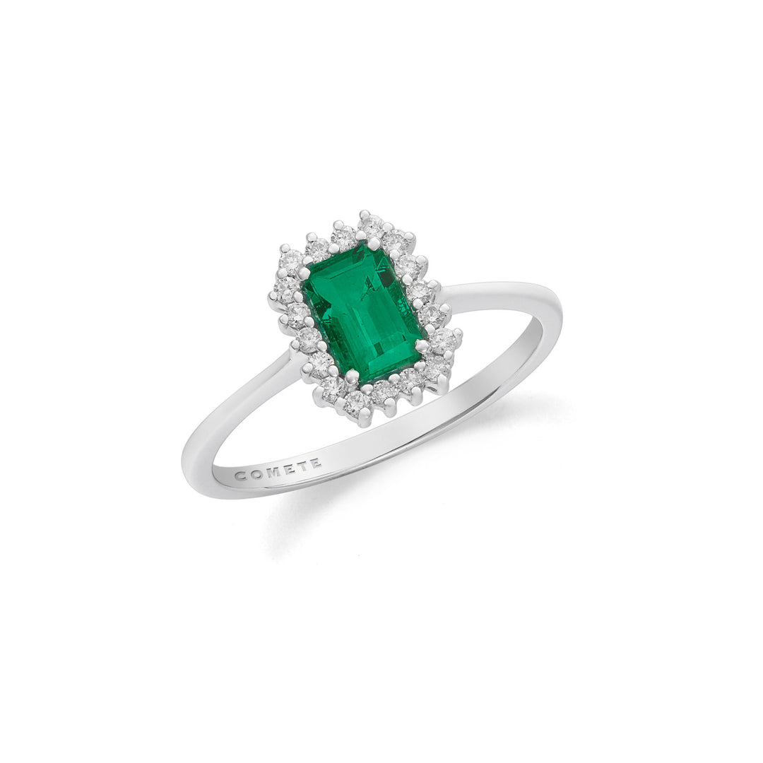 Comete-Ring 750‰ Gold, weiße Diamanten und achteckiger Smaragd ANB2695