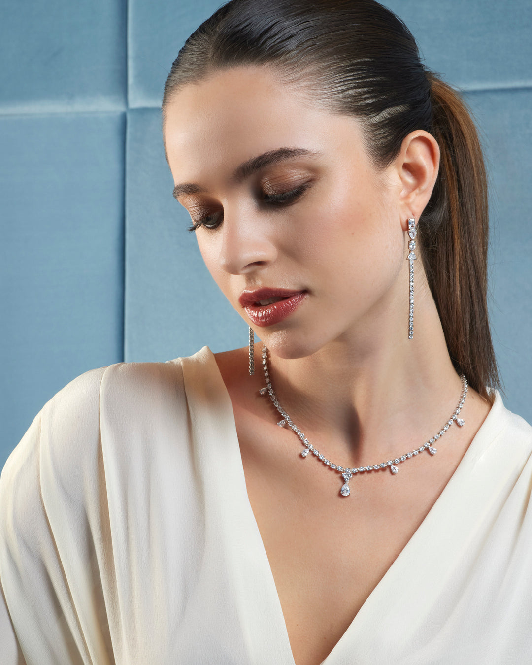Comete-ketting van 925‰ zilver en witte druppelvormige zirkonen GLA267