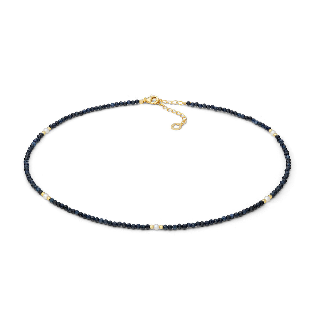 Comete-Halskette aus 925‰-Goldsilber mit blauer Saphirwurzel und Perlen GLA287
