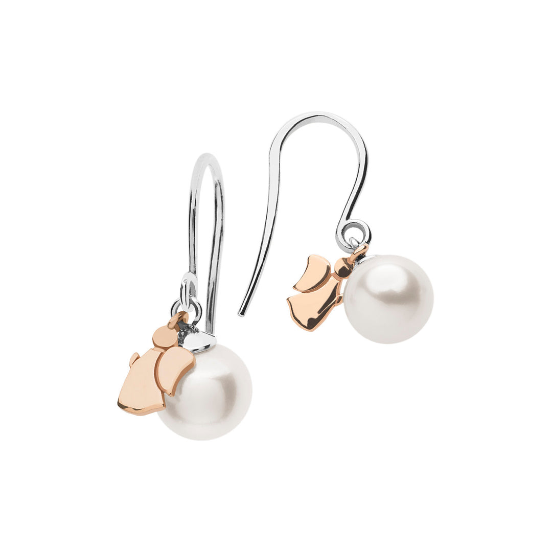 Comete Oorbellen in wit goud met parels en engel in rosé goud ORP603