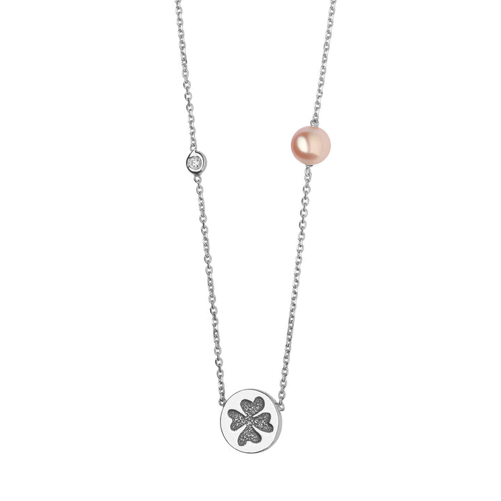 Comete ketting in wit goud met klavertje vier en roze parel GLP503