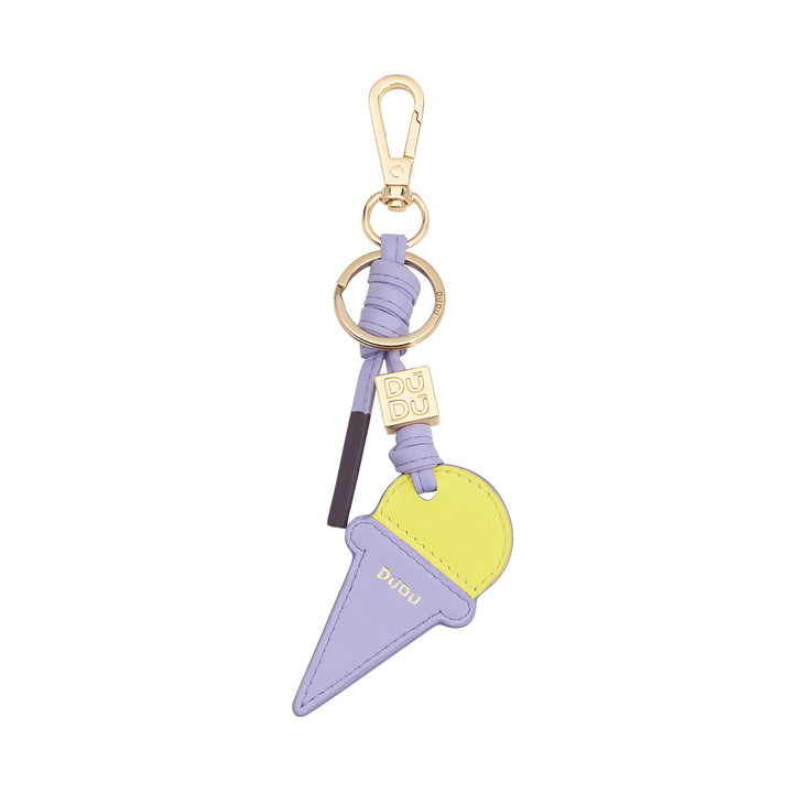 Dudu leather key ring with ice cream cone, keychain men woman, with ring and carabiner, summer keychain design