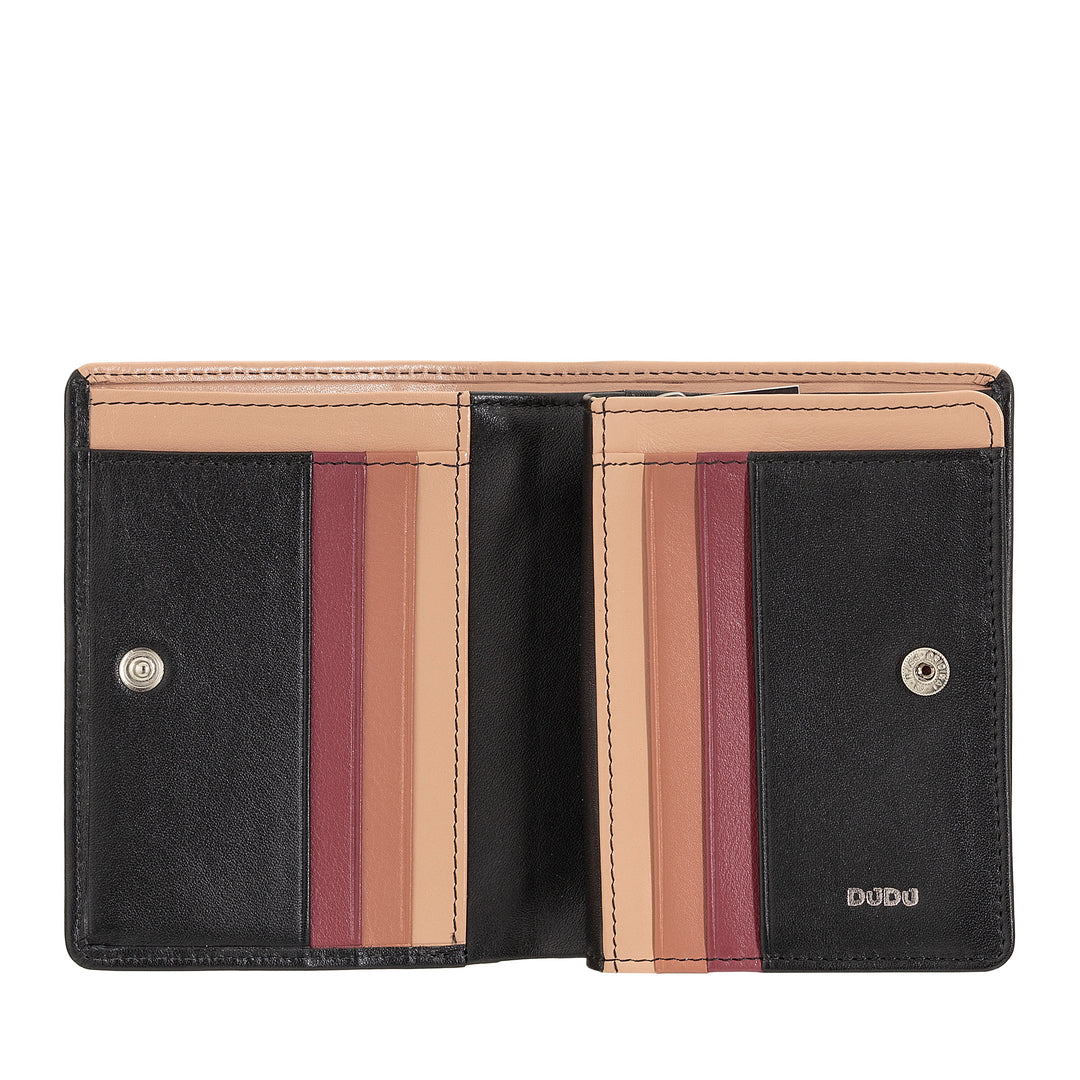 DUDU Kleine Damenbrieftasche aus farbigem Leder mit Karten- und Kartenetui mit Reißverschluss und Knopf