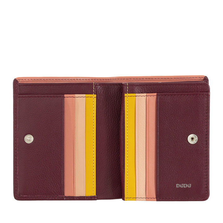 DUDU Kleine Damenbrieftasche aus farbigem Leder mit Karten- und Kartenetui mit Reißverschluss und Knopf