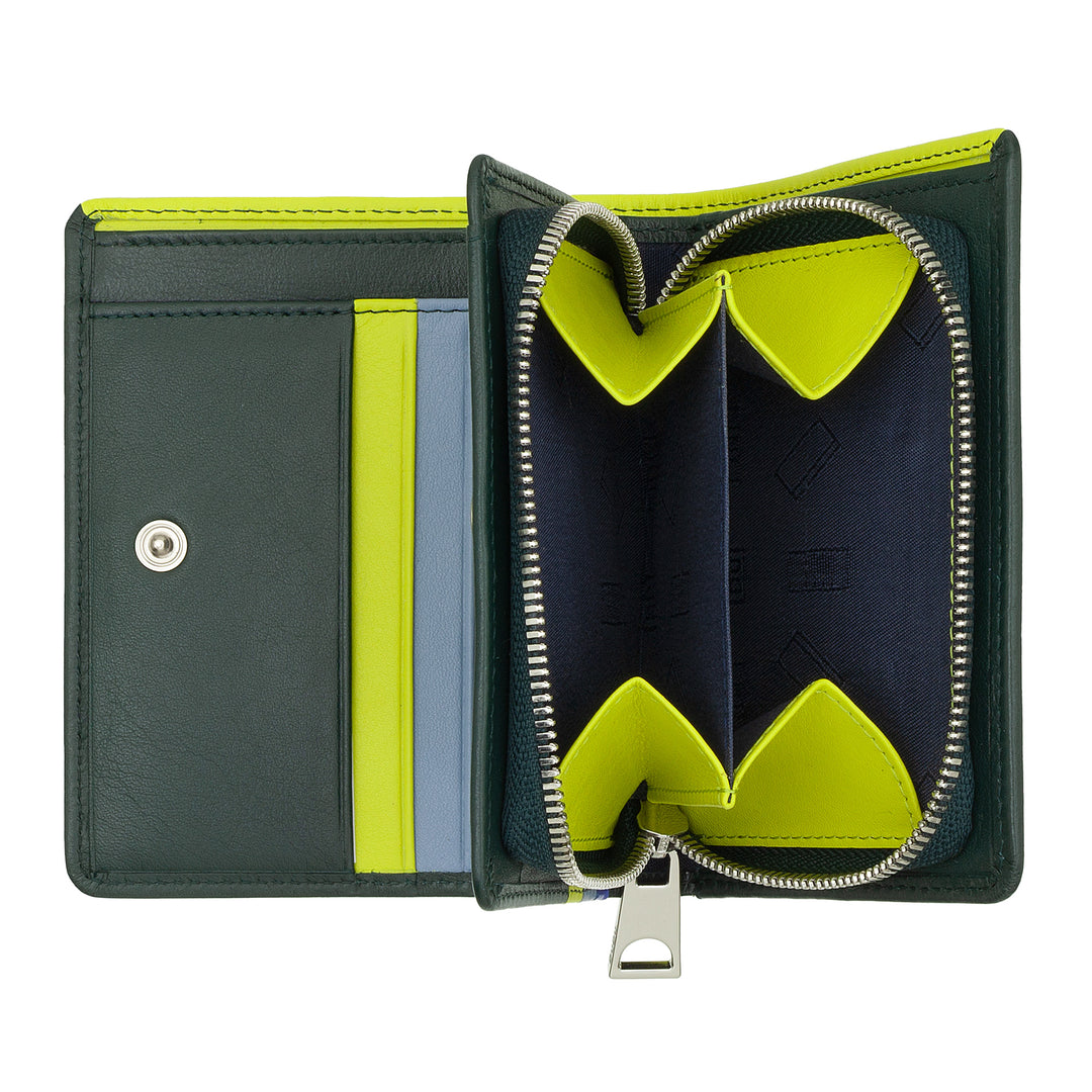 DUDU Kleine Damenbrieftasche aus farbigem Leder mit Karten- und Kartenetui mit Reißverschluss und Knopf