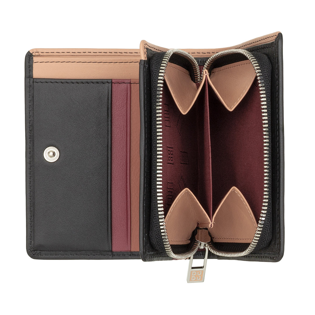 DUDU Kleine Damenbrieftasche aus farbigem Leder mit Karten- und Kartenetui mit Reißverschluss und Knopf