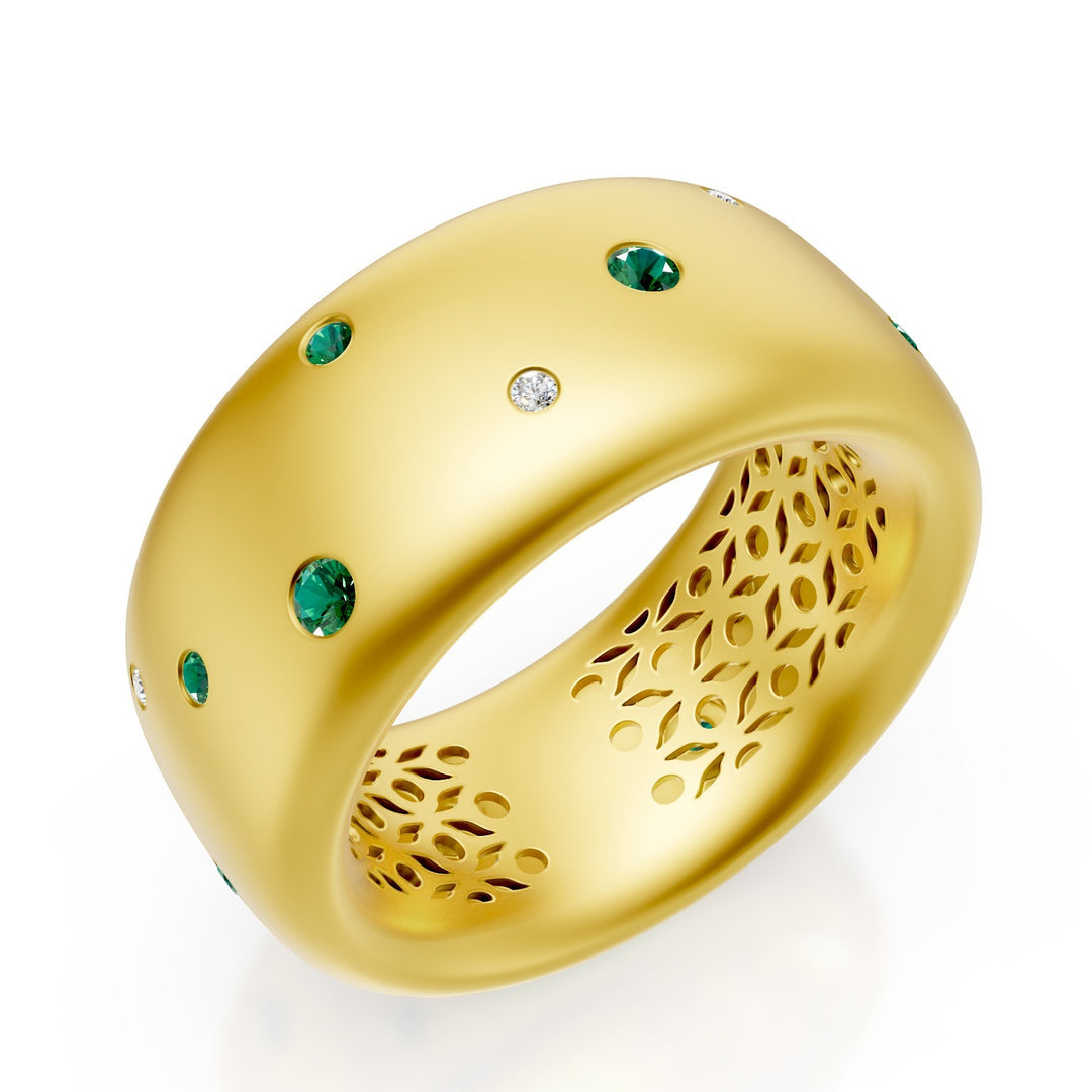 Golay 18k gold wide band ring with scattered diamonds and emeralds, satin yellow, size 14 GAN021O1DSMS-14