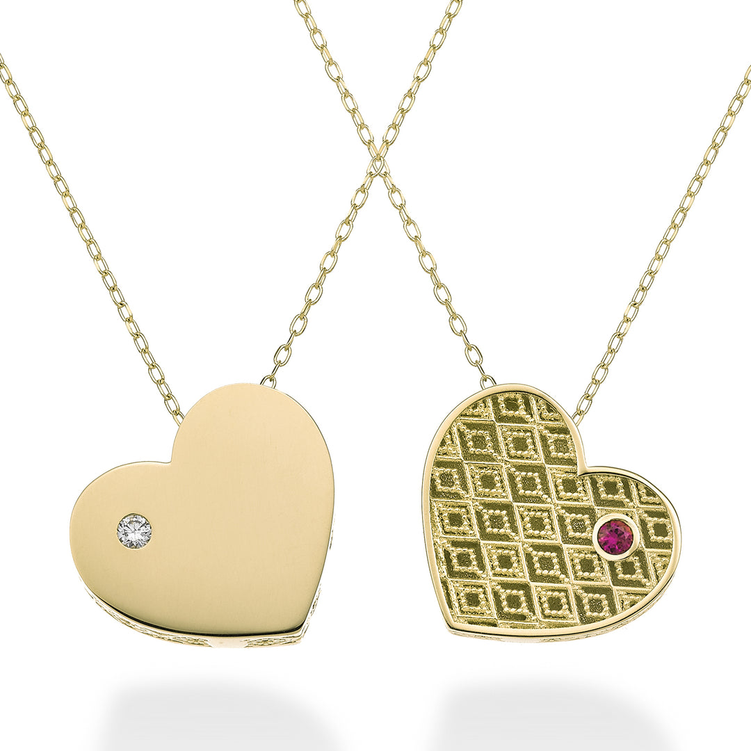 Nihama cl 18k large heart one side polished yellow gold diam. 0.02 ct ruby 0.02 ct NDCUOREGLO1